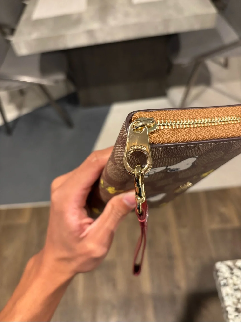 Coach Brown Signature Snoopy Zip Wallet with Red Wristlet